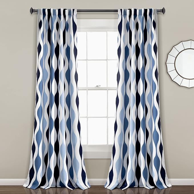 Lush Decor Mid Century Geo Room Darkening Window Curtain Panels Pair 52" W x 84" L Blue & Navy - Retro Curtains for Living Room - Vintage Drapes