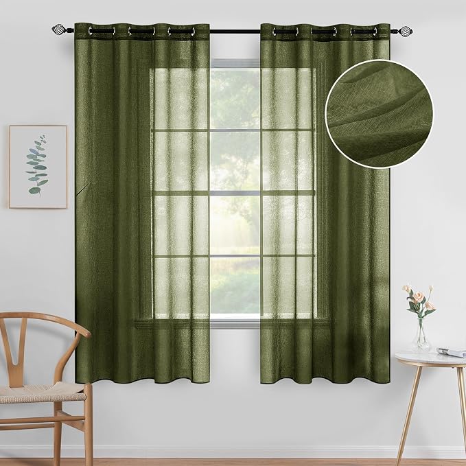 MIULEE 2 Panels Olive Green Semi Sheer Window Curtains Elegant Grommet Top Window Voile Drapes/Treatment Linen Textured Dark Green Panels for Bedroom Living Room (54X63 Inches)