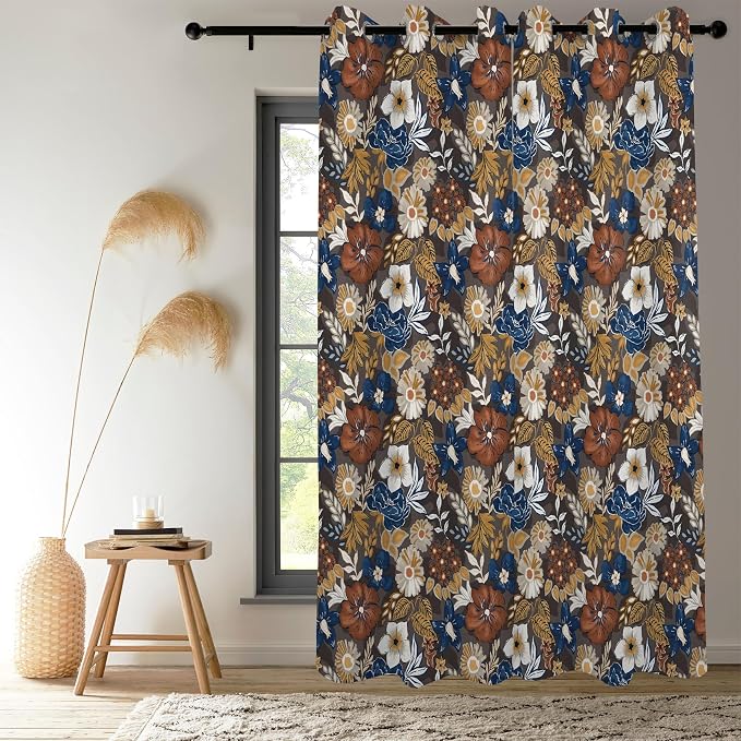 Renaiss Bohemian Floral Blackout Curtains, Blue Brown White Flower Thermal Insulated Bedroom Window Curtains, Boho Style Patterned Window Drapes for Living Room, 84" L x 53" W 2 Panel Set