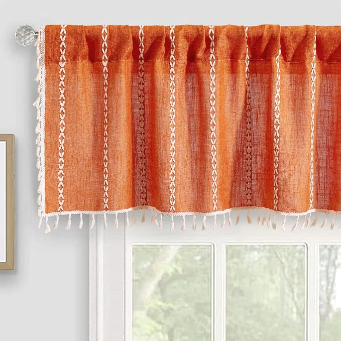 RoomTalks Rustic Farmhouse Kitchen Valances for Windows in Orange, 18’’L x 52’’W Boho Striped Fall Autumn Color Country Cottage Textured Tassel Curtain Valances for Bathroom Living Room