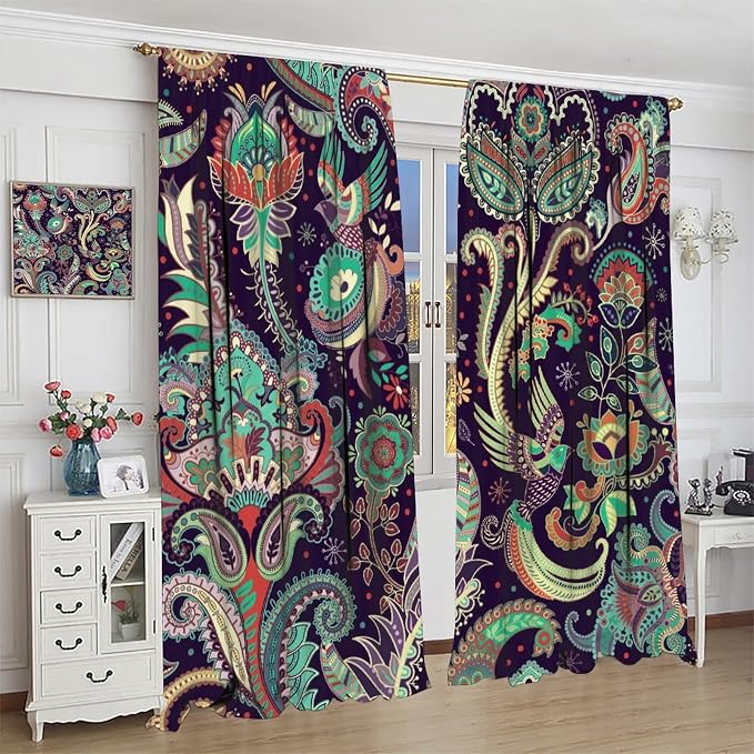 Boho Curtains, Traditional Geometric Ethnic Style Beautiful Floral Pattern, Blackout Curtains Living Room Bedroom Dim Room, 2 Panel Set, 63x72 in.