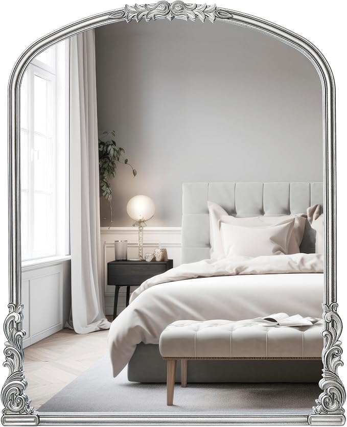 Wylde Iris English Estate Carved Arch Wood Wall Mirror, Mirror for Entryway, Living Room, Bathroom, Antique Silver, 25.6x33.4