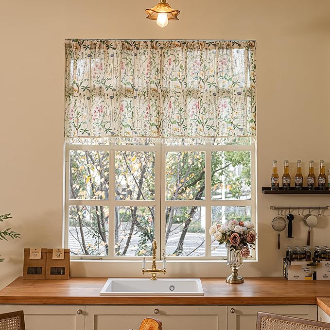 Deeprove Boho Valance Curtain 18 Inch with Handmade Tassel, Herbs Print Textured Kitchen Window Small Short Tier for Living Room Bedroom Farmhouse Cottage Shabby Style Privacy 1 Panel 52W x 18L
