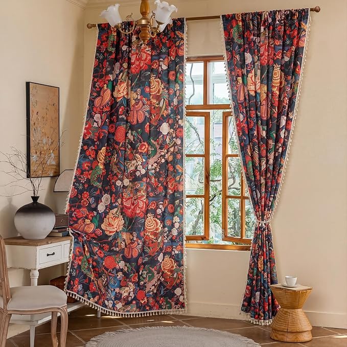 OYX Boho Floral Curtains 96 Inch, Linen Farmhouse Flower Drapes with Lace & Tassels, Light Filtering Semi Sheer Curtains for Living Room Bedroom, 2 Panels