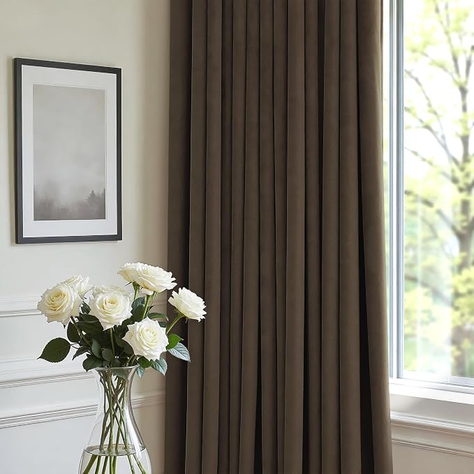 Brown Velvet Curtains for Living Room 108 Inch Long 2 Panels Elegant Vintage Soft Solid Textured Thermal Insulated Darkening Curtain for Bedroom Ceiling to Floor Length Dark Out Drape Modern Farmhouse