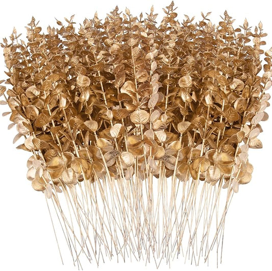 FEQO 120 Pcs Gold Eucalyptus Stems Artificial Leaves Faux Eucalyptus Stems Branches 15 inch for Wedding Bouquet Home Decor
