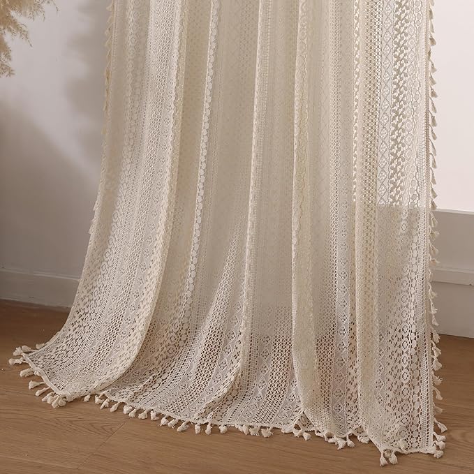 WAZZIO Boho Lace Curtains 63 Inches 2 Panel,Light Filtering Privacy Tassel & Geometry Crochet Semi Sheer Curtain Drapes for Bedroom Living Dining Room,Rod Pocket & Tassel,Vintage French Country,Beige