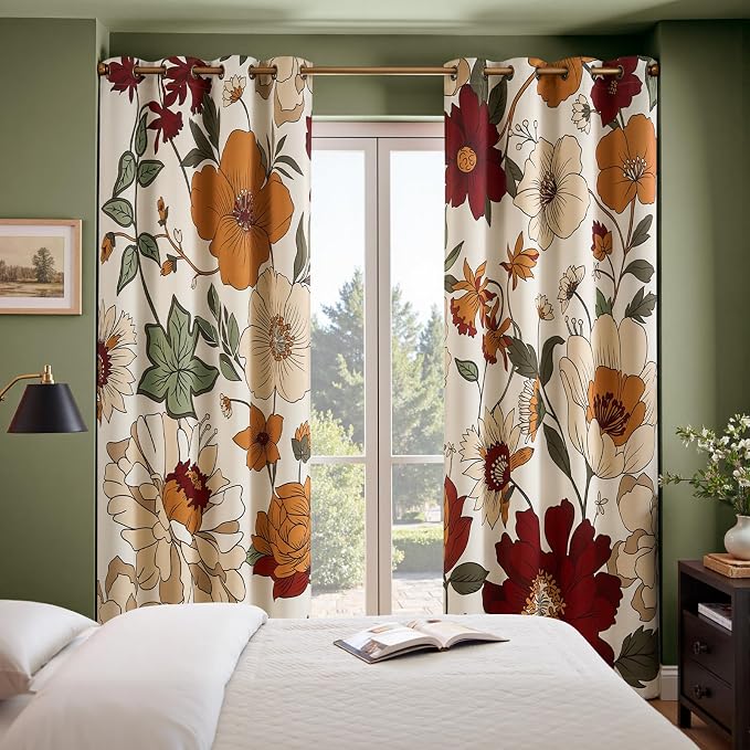Lazzzy Floral Curtains for Bedroom Living Room Faux Linen Vintage Blackout Curtains 84 Inches Long Room Darkening Drapes Grommet Flower Patterned Window Treatments Set of 2 Panels, 52" x 90", Beige