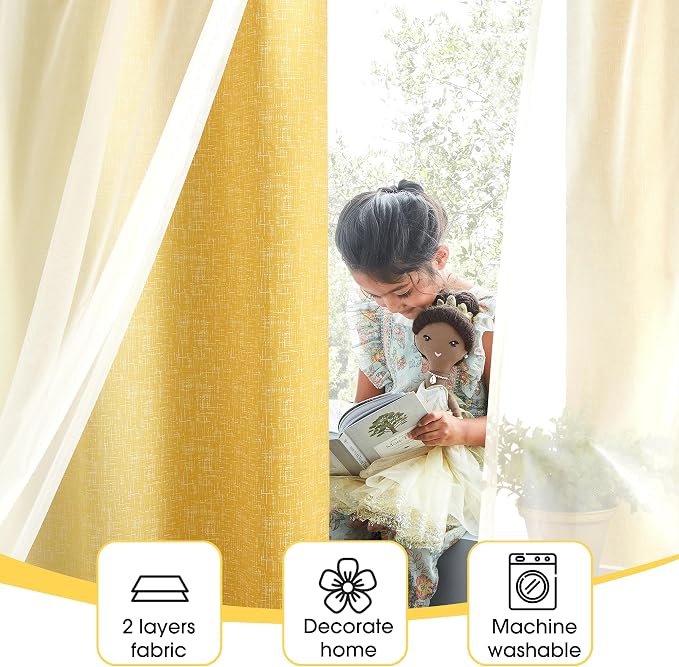 Ombre 100% Blackout Curtains 96 Inches Long 2 Panels for Bedroom Living Room Yellow and White Double Layer Sheer Overlay Mix & Match Grommet Thermal Soundproof Drapes with Tiebacks, 52x96