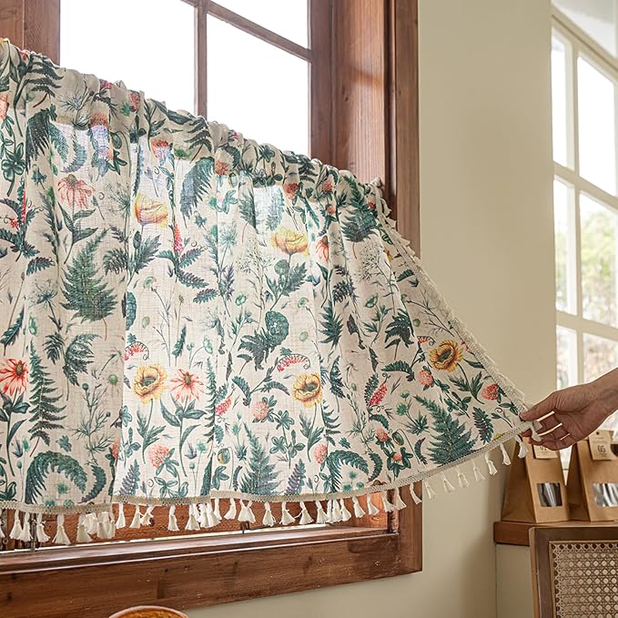 Deeprove Boho Valance Curtain 18 Inch with Tassels, Green Fern Leaf Textured Kitchen Window Sheer Linen Look Short for Spring Summer Cafe Closet Farmhouse Country Style Privacy 1 Panel 52W x 18L