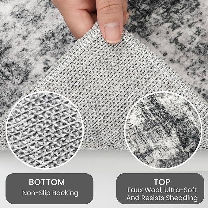 IOHOUZE Abstract Area Rug 4x6 Ft Washable Rugs for Entryway Indoor, Non Slip Small Living Room Rugs Printed Faux Wool Throw Rug, Floor Carpet for Kitchen Nursery Playroom, Black Grey