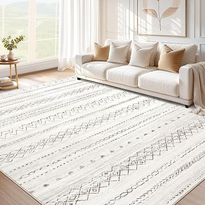 cotiled 9x12 Area Rugs Living Room Rug: Washable Boho Rugs with Non Slip Backing Large Soft Indoor Stain Resistant Carpet for Bedroom Farmhouse Dining Room Lightweight Home Decor Brown
