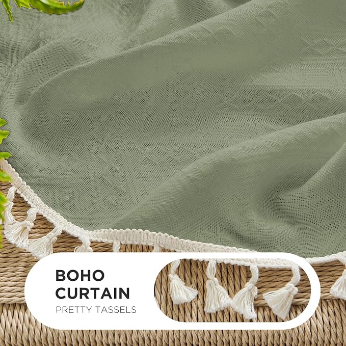 Joydeco Sage Green Boho Curtains 63 Inch Length 2 Panels, Super Soft Bohemian Farmhouse Curtains with Tassels, Semi Sheer Light Filtering Drapes for Bedroom Living Room (Rod Pocket, 52Wx63L)