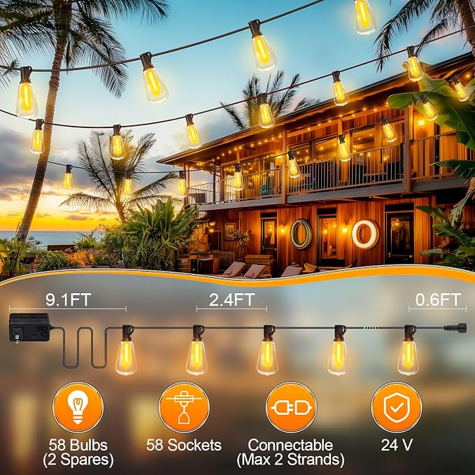 MGVIH Outdoor String Led Patio Lights - 150Ft 45M Outside Waterproof Light ST38 Shatterproof Bulb Connectable Hanging Outdoor Electric Lighting for Backyard Yard Gazebo Porch Party