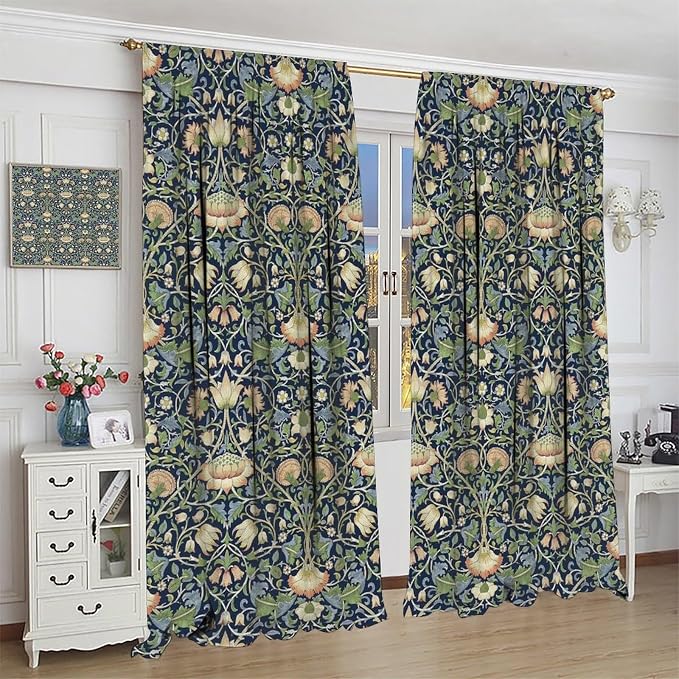 William Morris Blackout Window Curtains, Retro Botanical Vintage Floral Leaves Pattern Print Window Drapes, for Living Room Bedroom 21(W)*54(L) 2 Panels