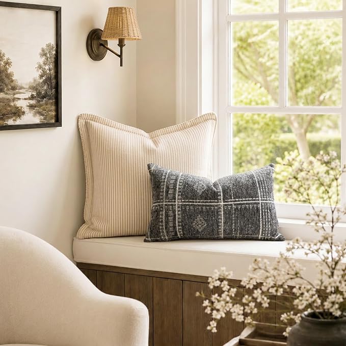 BlissBlush Decorative Lumbar Pillow Covers 12x20 Set of 2, Boho Dark Gray Chenille Accent Rectangular Throw Pillow Covers for Couch Sofa Living Room Home Décor (Cover Only)