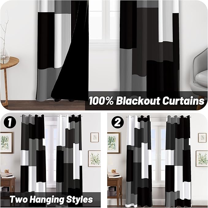 Tyrot Black Grey 100% Blackout Curtains for Bedroom 84 inch Long 2 Panels Set White Gray Modern Abstract Geometric Black Out Curtains Insulated Room Darkening Window Drapes for Living Room, 52Wx84L
