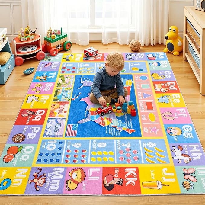 Kids Rugs for Playroom - Soft & Non-Slip 9x12 Feet Educational Rug for Learning ABC Alphabet, Numbers, Shapes & Map, Washable Classroom Rug for Bedroom Nursery & Kids Room Decor