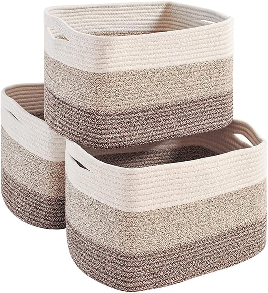 Storage Baskets for Organizing Shelves, Woven Cotton Rope Basket for Storage, Decorative Baskets for Shelves, Soft Basket for Living Room Bedroom, 14.8"×11"×9.5", Pack of 3, Gradient Brown