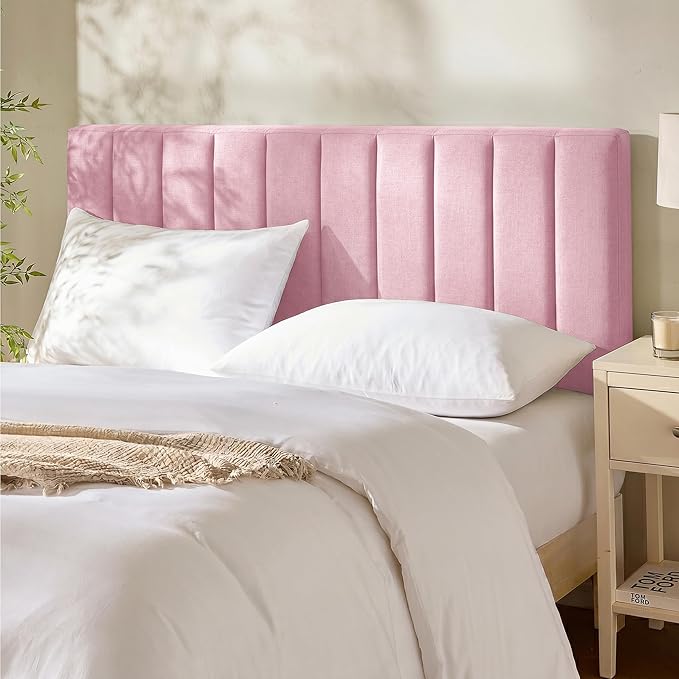 Hearth & Harbor Upholstered King Headboard - Easy Assemble Channel Stitched Headboard King Size Bed - Wall Mounted Headboards with 3D Soundproof Wall Panels Peel & Stick Floating Headboards, Pink