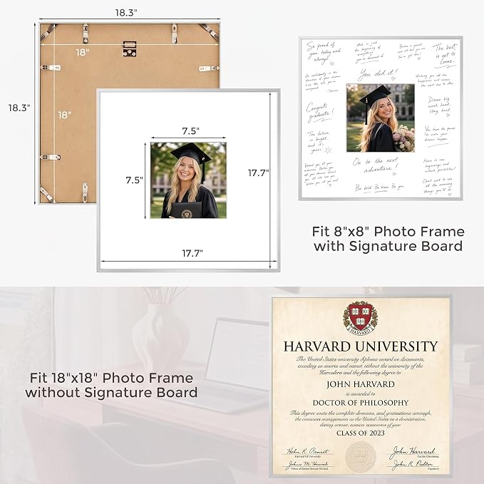 Signature Picture Frame 18x18, Aluminum Signable Frame with Glass, Silver | Sleek Silver Signable Frame with 8x8 for Wedding, Graduation, Birthday & Baby Shower Guest Book| Real Glass & Wall Kit