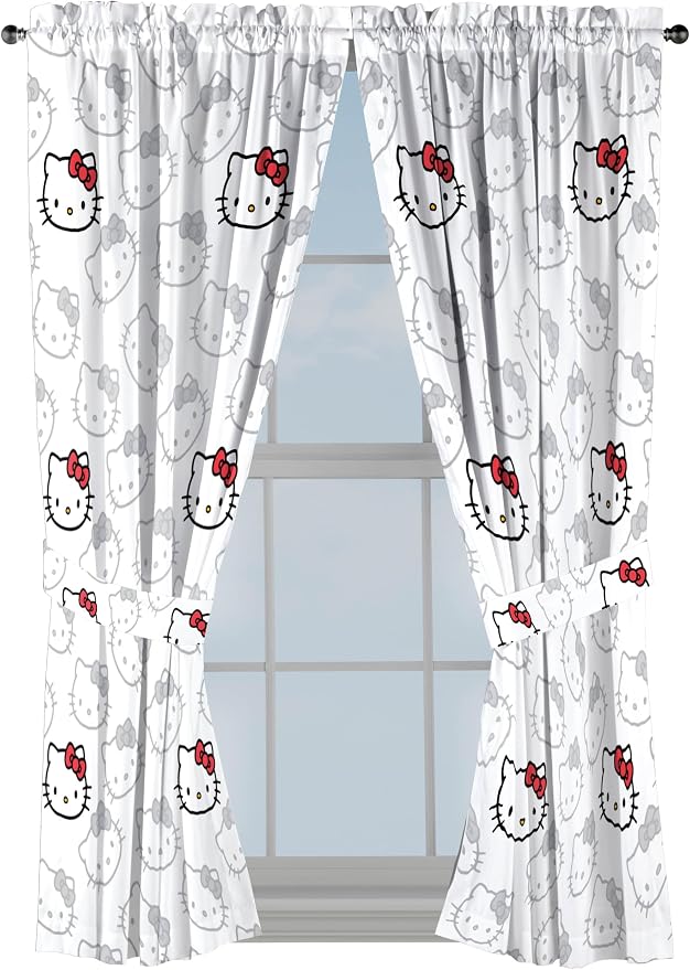 Jay Franco Window Curtains for Bedroom 4-Piece Drape Set with 2 Tiebacks, White - Hello Kitty, 42" W x 63" L (Pack of 2)