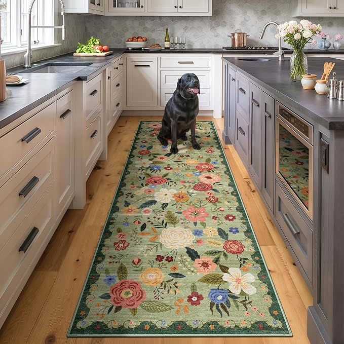 2x6 Machine Washable Runner Rug, Kitchen Hallway Area Rug Light Green Vintage Boho Floral Non-Slip Low Pile Soft Faux Wool Carpet Kids and Pets Friendly for Bedroom Entryway Nursery Home Decor Rug