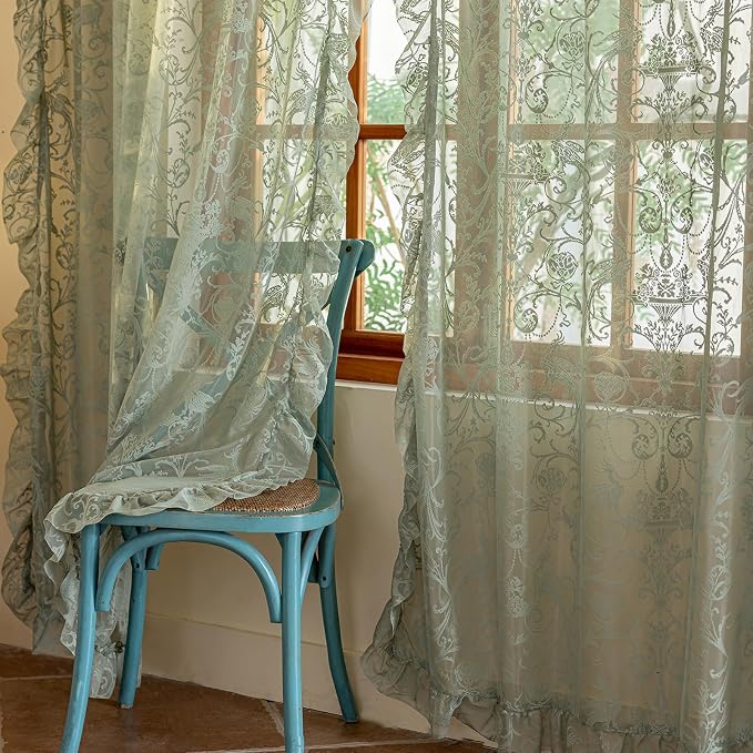 TUDECO Sage Green Lace Curtains 63 Inch Length - CottageCore Sheer Curtains for Bedroom, Cute Floral Frilly Scalloped Edges Light Filtering Rod Pocket Green Drapes 2 Panels, 59 x 63 Inch Sage Green