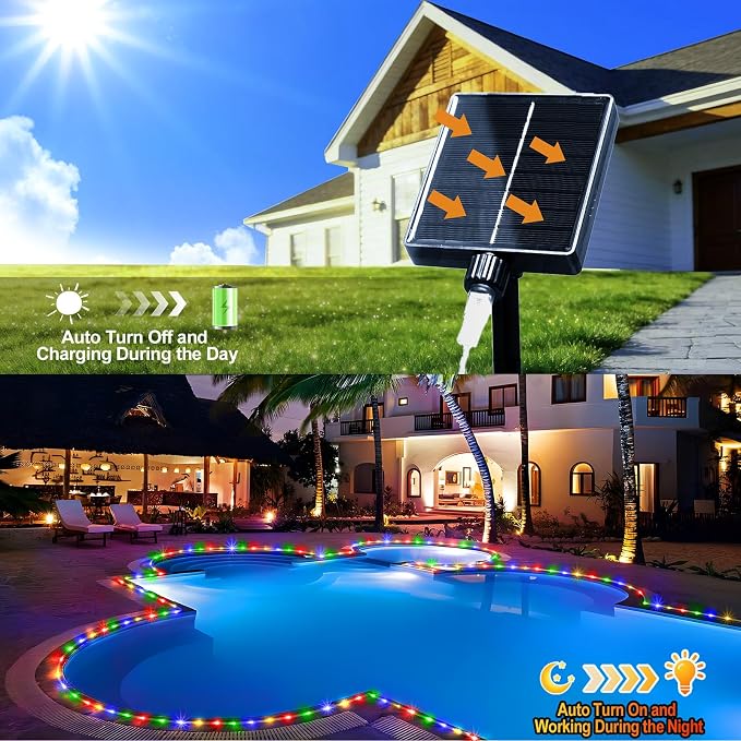 KNONEW Solar Rope Lights Outdoor 2 Packs Total 600LED 100FT Solar String Light Outside Waterproof with 8 Modes Clear Thin Tube for Pool Patio Garden Fence Camping Yard Deck Trampoline（Multicolor）