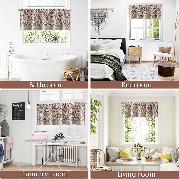 jinchan Linen Valance Curtain for Kitchen Vintage Damask Floral Blackout Valance Double Layer Small Window Curtain for Living Room Bedroom Bathroom 18 Inch Rod Pocket 1 Panel Terracotta on Beige