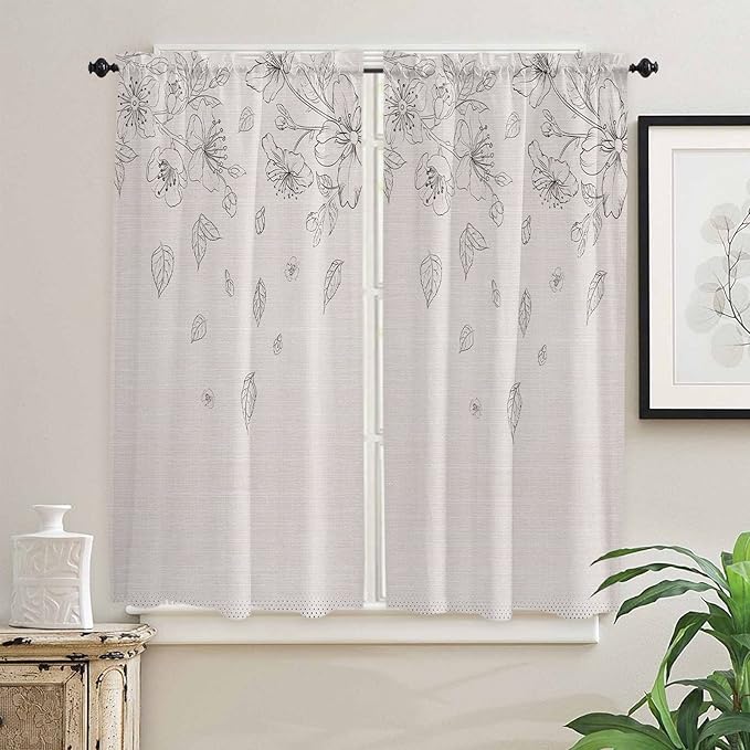 Kitchen Tier Curtains 63 inches Length, Flowers Leaves and Polka Dot Texture on Cotton Linen Window Curtains for Living Room Bath,Rod Pocket Light Filter Drapes Half Window Treatment Tiers 2 Panels