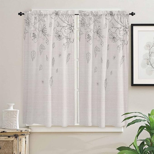 Kitchen Tier Curtains 63 inches Length, Flowers Leaves and Polka Dot Texture on Cotton Linen Window Curtains for Living Room Bath,Rod Pocket Light Filter Drapes Half Window Treatment Tiers 2 Panels
