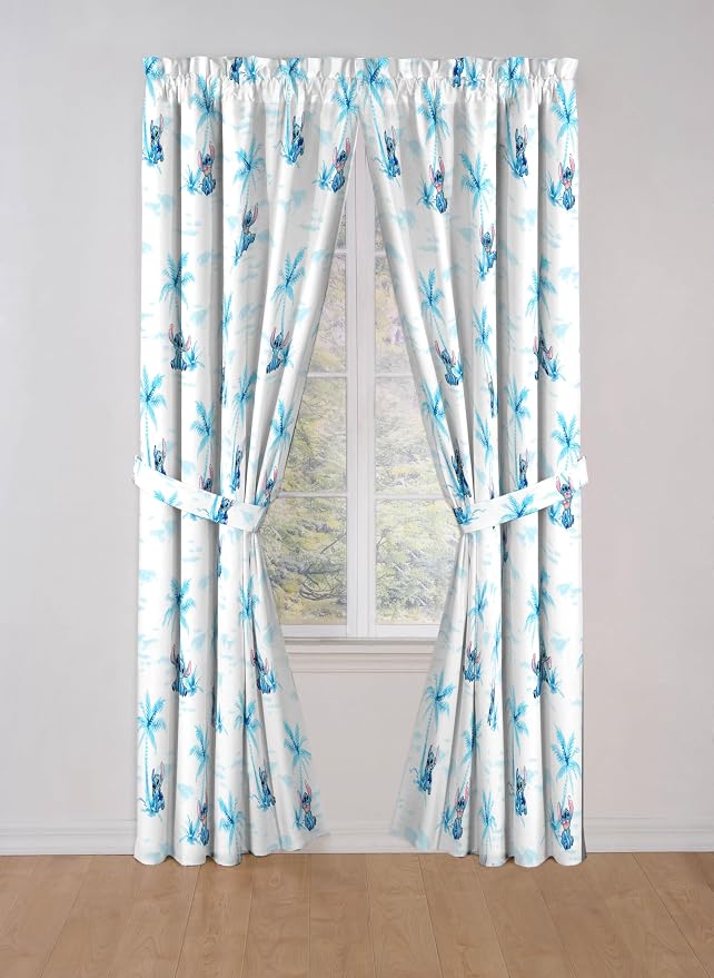Jay Franco Window Curtains for Kids Bedroom 4-Piece Drape Set with 2 Tiebacks, White - Lilo & Stitch, 42" W x 84" L (Pack of 2)
