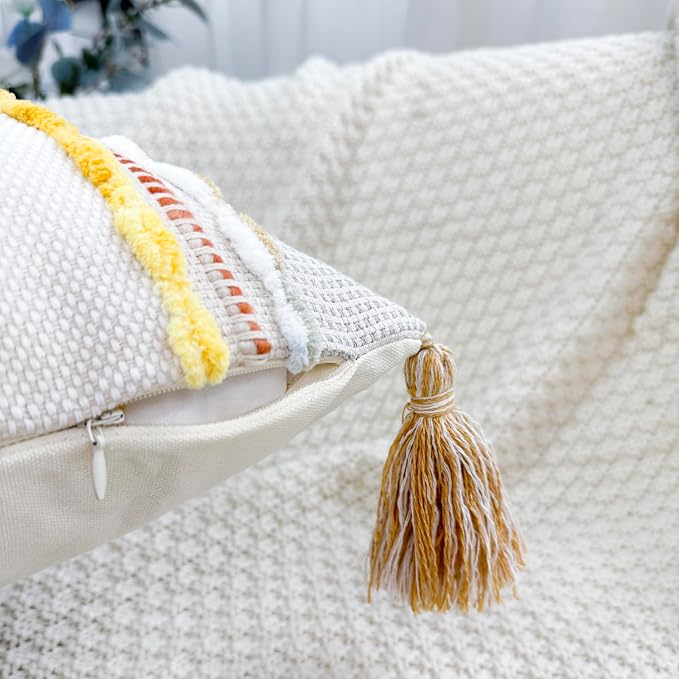 NUYECY Chenille and Cotton Long Pillow for Bed,Striped Textured Boho Long Lumbar Throw Pillow Cover 14x36,Neutral Accent Decorative Extra Long Body Pillow Case for Couch Sofa Bedroom,Yellow-Grey