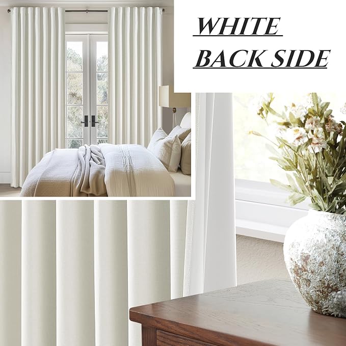 Blackout Pleated Curtains 120 Inch Long 2 Panels Burg,Sound Curtains Noise Reducing Heavy Drapes Boho Flax Linen 10ft Tall Curtain for Living Room/Office at Home Back Tab&Hooks(W50 x L120 Beige White)