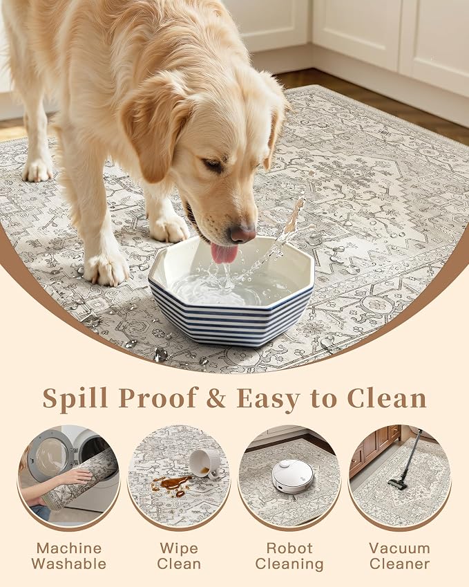 Madane Washable Kitchen Rug Set of 3 Small Area Rugs Non-Slip, Beige/Brown | Vintage Hallway Entryway Door Mat Indoor Entrance Low Pile Floor Carpet Runner for Inside Front Entry Laundry 2x3+2x4+2x5