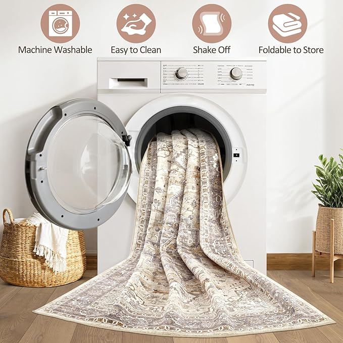 10x13 Area Rugs Living Room: Washable Boho Large Neutral Vintage Soft Rug Stain Resistant Farmhouse Non Slip Indoor Floor Carpet for Bedroom Nursery Kids Playroom Office Dining Room- Beige Brown