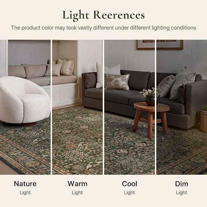 Bavni 2'6''x7 Rug Runners for Hallways, Washable Runner Rug Non Slip, Vintage Floral Print Style Rugs for Bedroom-Lightweight Low Pile Carpet for Hallways Bathroom, Dark Green/Multi