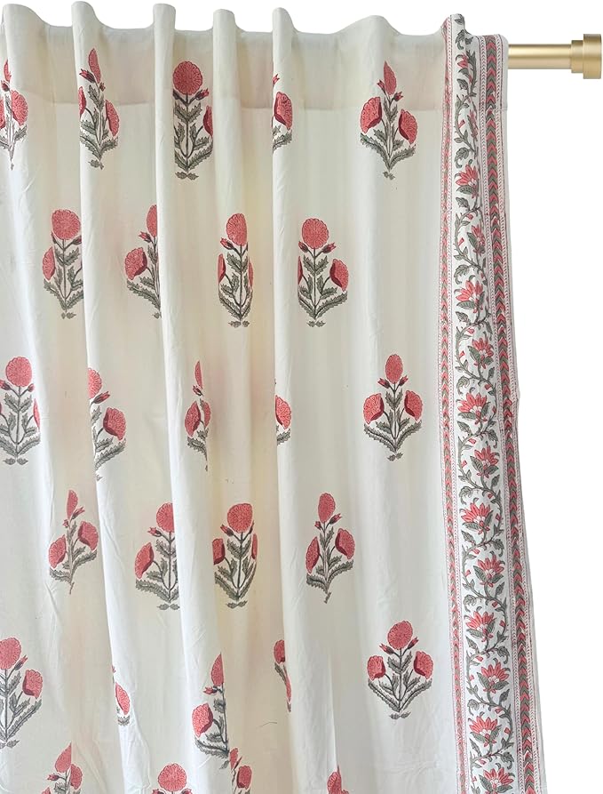 ATOSII 100% Cotton Single Panel Block Print Curtain, Easy Hanging with Rod Pocket & Loop, Living Room, Dining Room, Bedroom Light Filtering Boho Curtains, Set of 1, 60" W X 84" L, Flora Pink Poppy