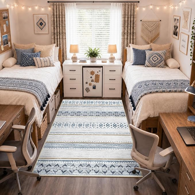 BESTSWEETIE 4x6 Area Rugs for Living Room Washable Moroccan Farmhouse Neutral Geometric Low Pile Non-Slip Soft Print Pattern Rug for Bedroom Kitchen Dining Room Entryway Blue/Brown