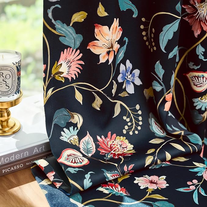 jinchan Hattie Dark Blue Floral Blackout Curtains 96 Inch Length – Room Darkening Drapes for Bedroom, Home Office & Study, Elegant Vintage Floral, Cozy Light Blocking, Set of 2 Panels Back Tab