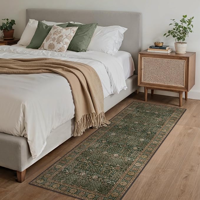 Bavni 2x6 Rug Runners for Hallways, Washable Runner Rug Non Slip, Vintage Floral Print Style Rugs for Bedroom-Lightweight Low Pile Carpet for Hallways Bathroom, Dark Green/Multi