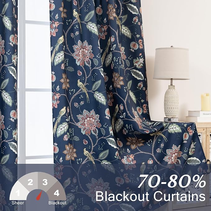 Unique Nautical Print Curtains,Maximalist Designer Custom 70% Printed Blackout Black Out Curtains 63 Inch Long for Bedroom Windows 2 Panels Set,Navy Blue