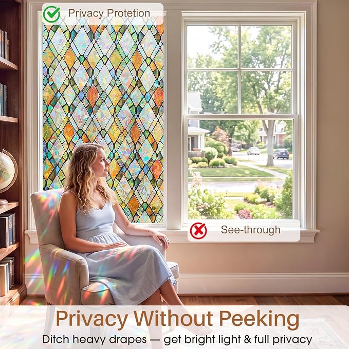Window Privacy Film, Stained Glass Static Cling Rainbow Stickers 17.5" x 78.7"Decorative Lattice Window Film Removable with Tools, UV Block Heat Control 3D Vinyl Covering Non-Adhesive for Home Door