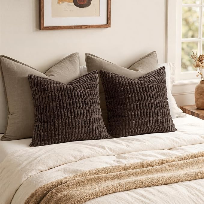 MIULEE Pack of 2 Corduroy Decorative Throw Pillow Covers 18x18 Inch Soft Boho Striped Pillow Covers Modern Farmhouse Home Decor for Sofa Living Room Couch Bed Dark Brown