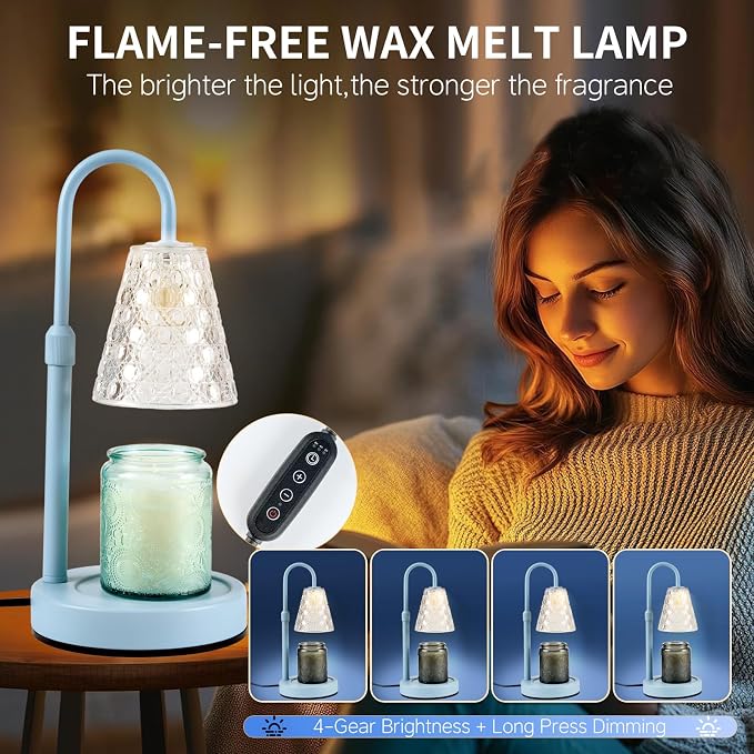 Candle Warmer Lamp with Timer Dimmable, Birthday Gifts for Women Mom, House Warming Gifts New Home Decor, Wax Melt Warmer for Jar Candles with 2 Bulbs, Light Blue