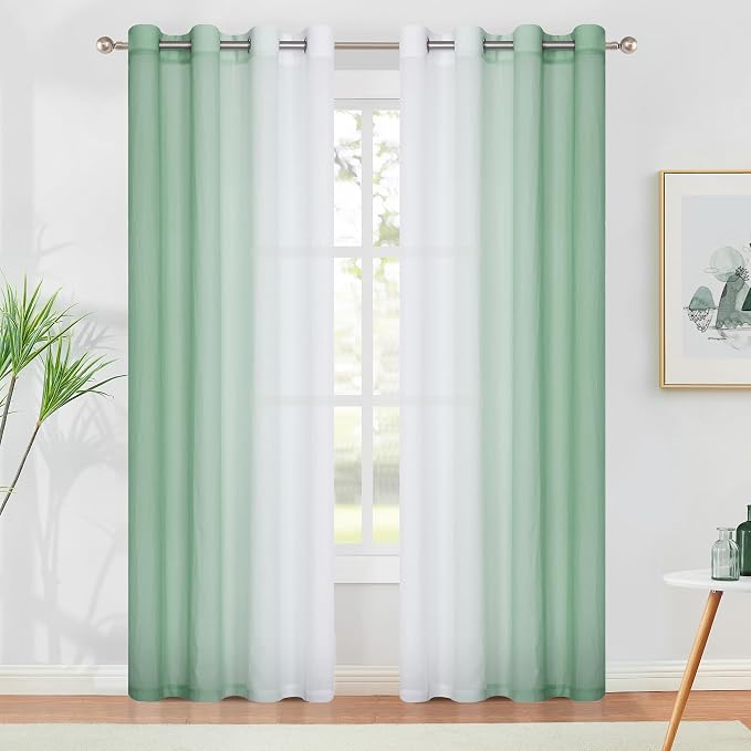 Purainbow Green Ombre Sheer Curtains for Living Room Chiffon Crinkle Semi Sheer Curtain Panels for Bedroom Decor, Light Filtering Gradient Window Treatments with Grommet Top, 2 Panels, 52" Wx95 L