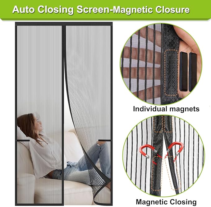 Risareyi Magnetic Screen Door Heavy Duty, Front Door Screen Magnetic Closure Thicken Tear-Resistant Mesh Keep Bugs Out, Black - Net Curtain Itself Size 84" x 100"