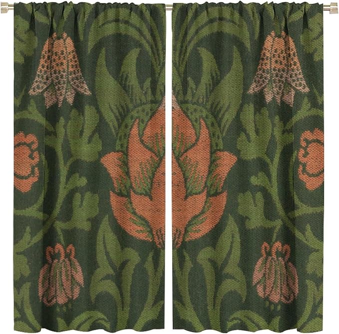 Vintage Bohemia William Morri Plant Flowers Blackout Window Curtains, Abstract Art Retro Plants Pattern Print Window Drapes, for Bedroom Living Room 31.5(W)*63(L) 2 Panels