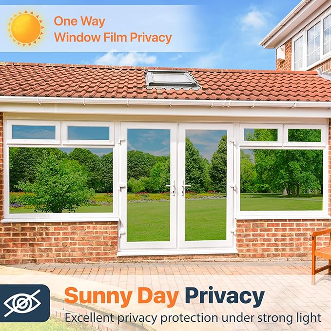 Bloss One Way Privacy Window Film, Reflective Window Tint for Home, Daytime Privacy Film See Out Not in, Sun Blocking Anti UV Windows Coverings with 3 Tools (Black Silver, 35.4"x118.1")